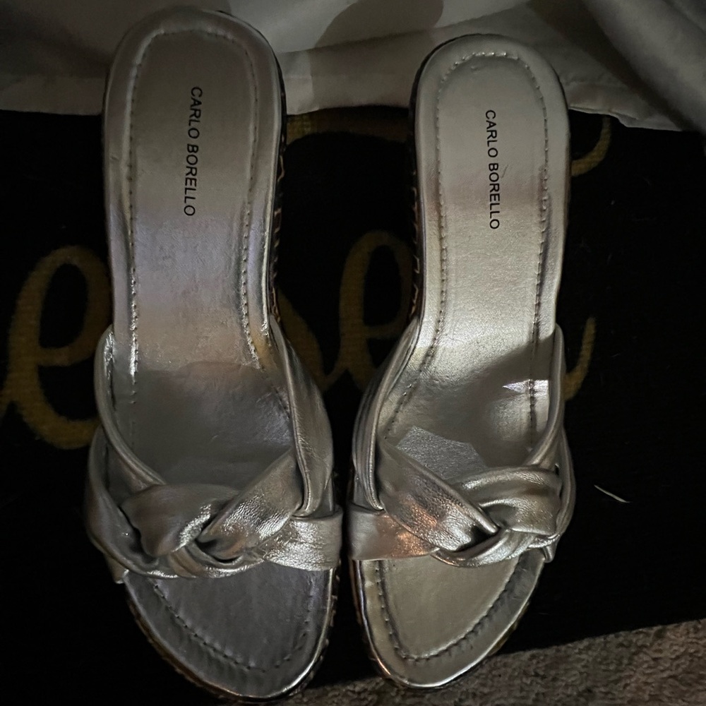 Brand new spring/summer approx 2in-heeled silver slides.